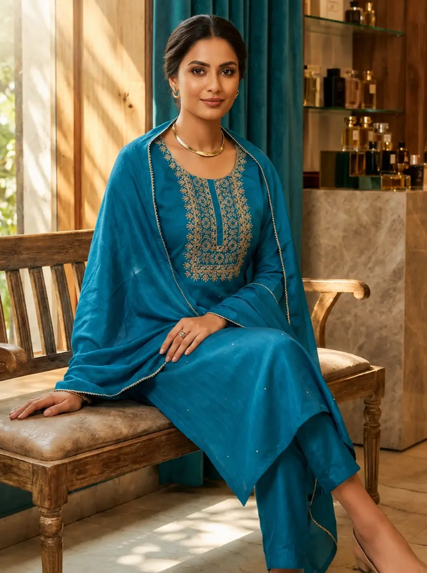 Teal Embroidered Suit Set