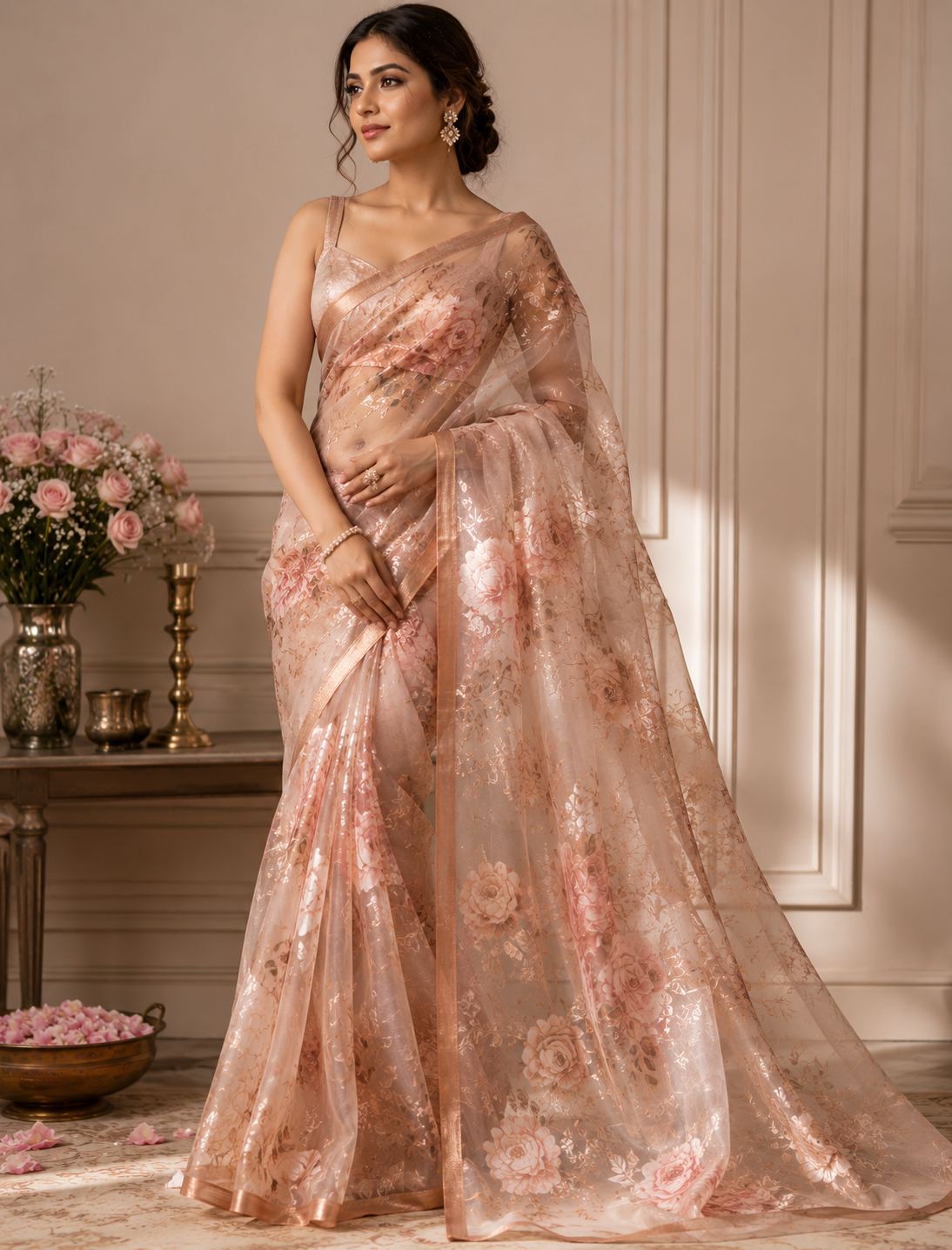 Rose Gold Floral Organza Saree