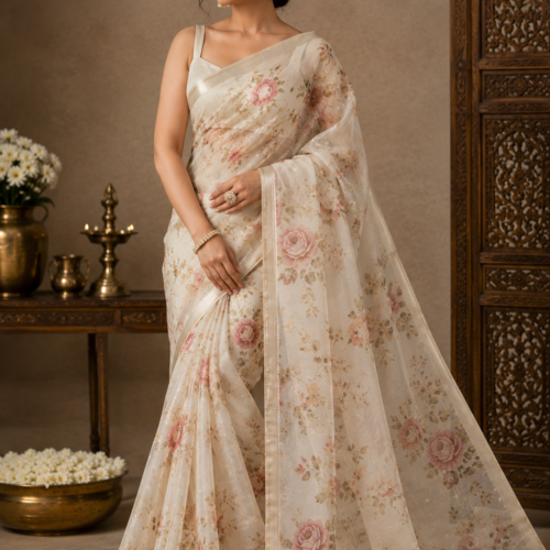 Ivory Chanderi Floral Saree