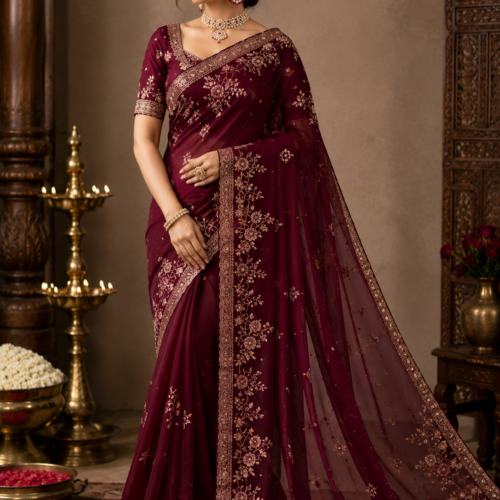 Wine Embroidered Georgette Saree