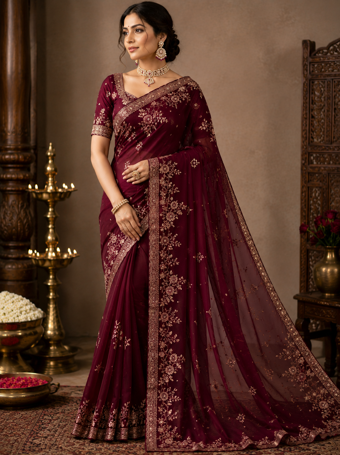 Wine Embroidered Georgette Saree