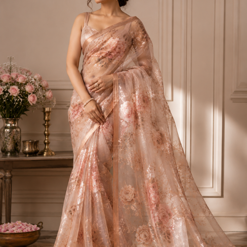 Rose Gold Floral Organza Saree