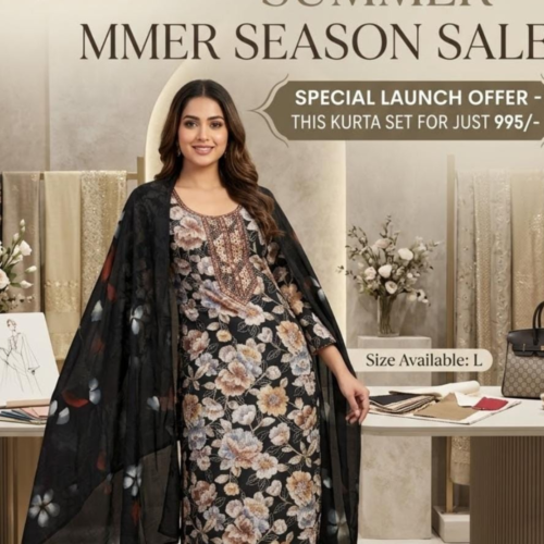 Black Floral Print Kurta Set