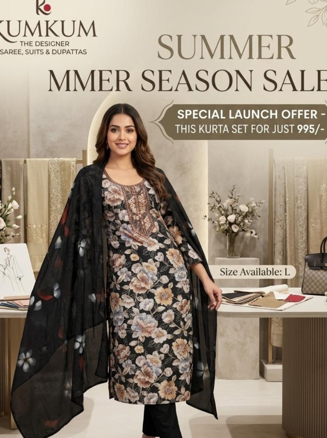 Black Floral Print Kurta Set