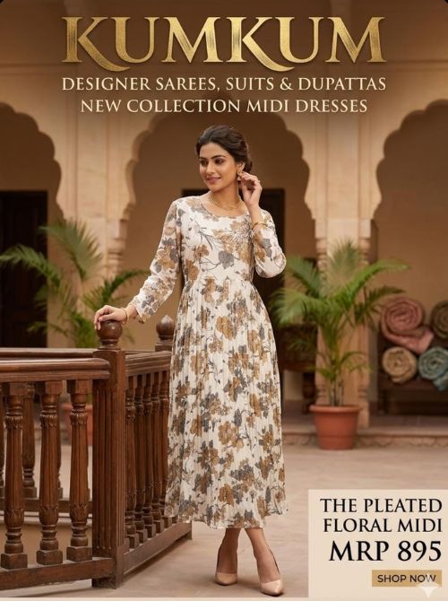 The Pleated Floral Midi Dress  White/Beige