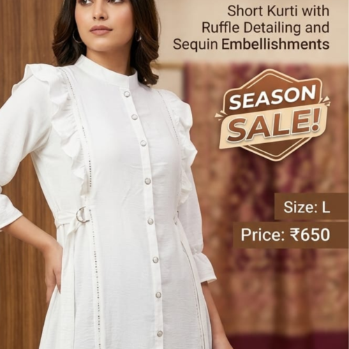 White Ruffle Detail Short Kurti
