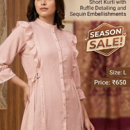 Blush Pink Ruffle Detail Short Kurti