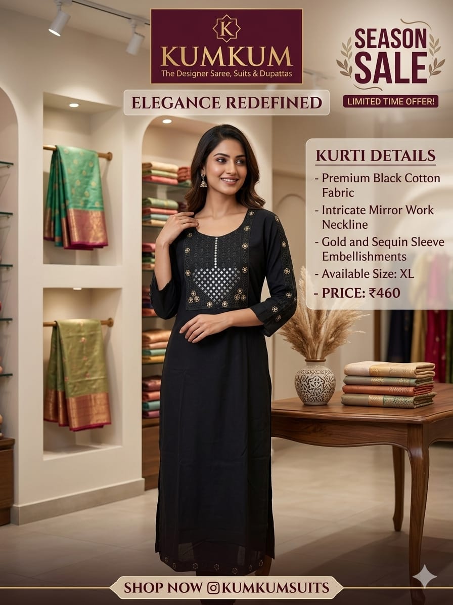 Premium Mirror Work Kurti – Black