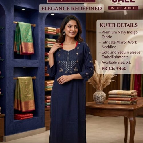 Premium Mirror Work Kurti – Navy Indigo