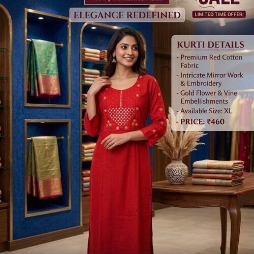 Premium Mirror Work Kurti – Red