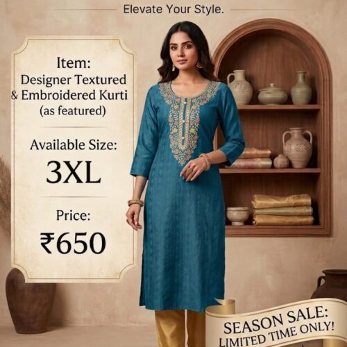 Designer Textured Embroidered Kurti – Teal Blue