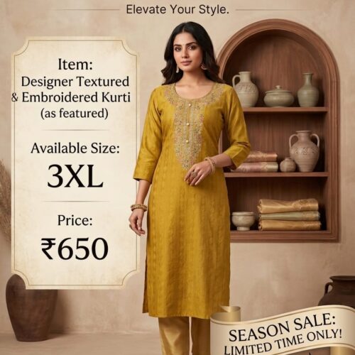 Designer Textured Embroidered Kurti – Mustard Gold