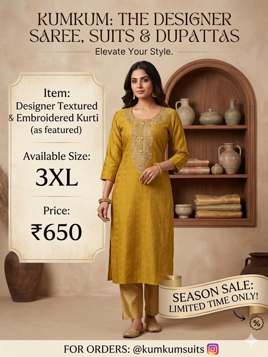 Designer Textured Embroidered Kurti – Mustard Gold