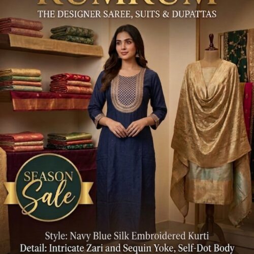 Navy Blue Silk Embroidered Kurti