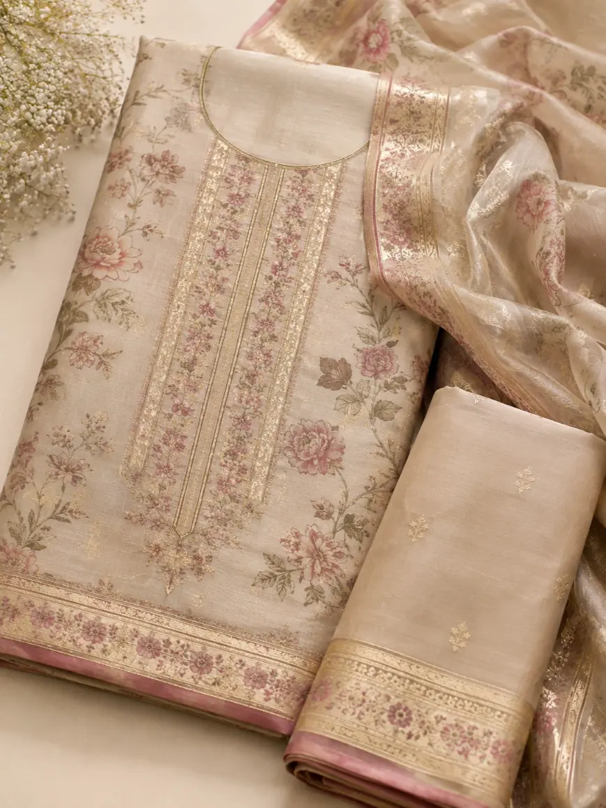 Luxury Chanderi Silk Unstitched Suit Set
