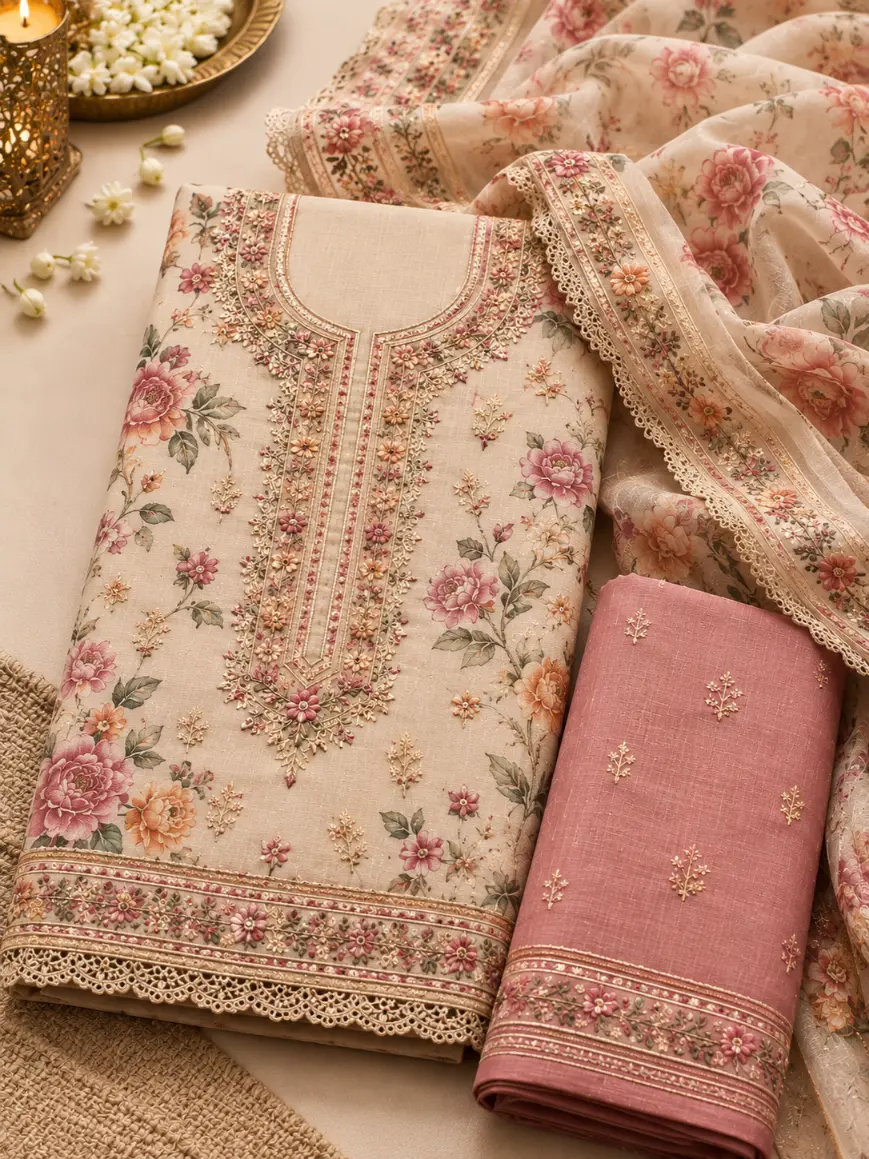 Festive Embroidered Cotton Blend Unstitched Suit